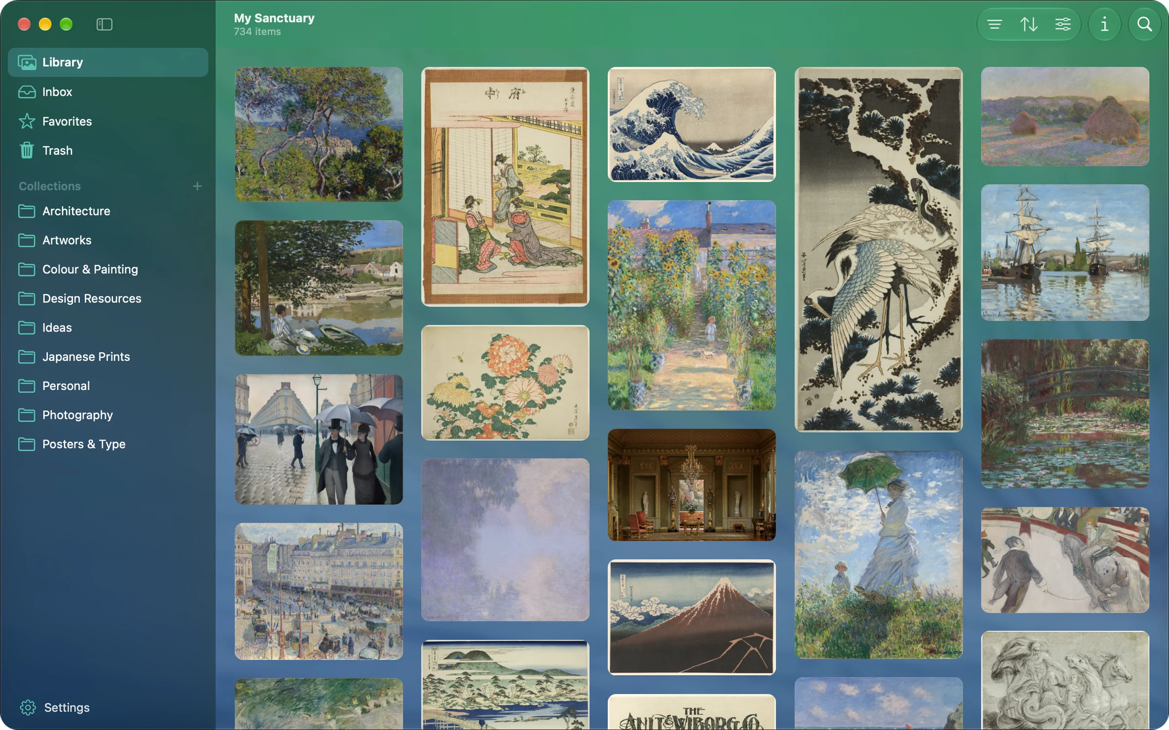 Sanctuary's Library view: a grid of paintings and Japanese prints beside a sidebar of collections, on a translucent window